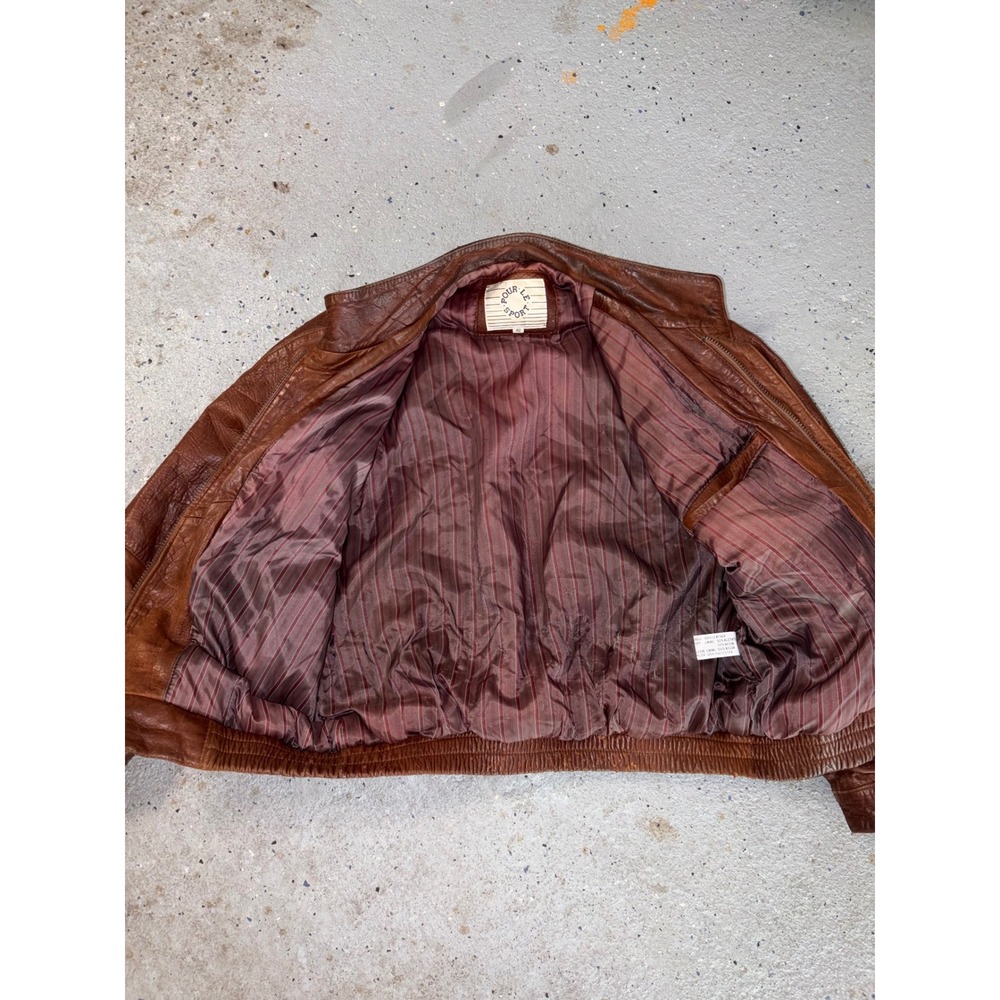 Vintage Pour Le Sport Brown Leather Bomber Jacket Mens Size 40 Oversized 90s - Picture 6 of 9